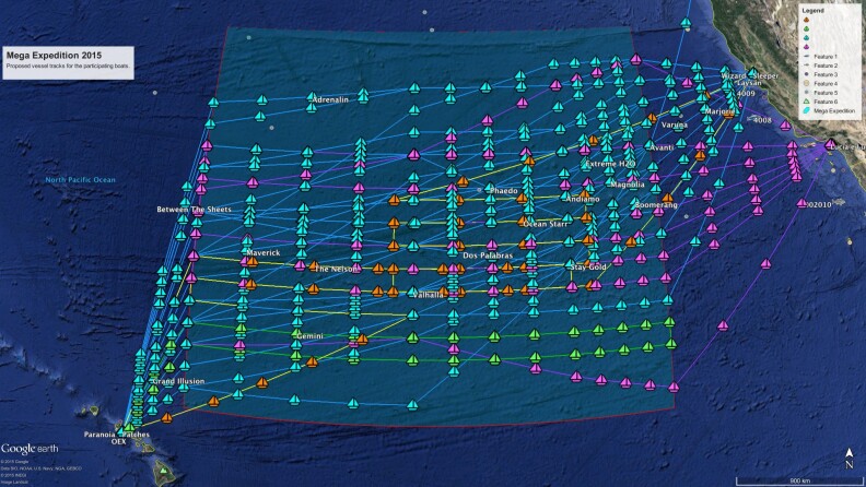 Map showing the 50 transects the Mega Expedition will perform based on routing information provided by the skippers before they left port.