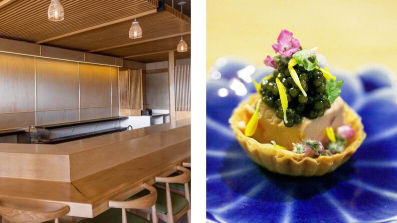 A collage of side-by-side photos: The photo on the left shows the spare minimalistic interior of an upscale sushi restaurant. The photo on the right shows one of the menu items, it almost looks to pretty to eat: It's a delicate, fluted pastry cup laden with a bite that has been topped off with roe and decorated with edible flowers.
