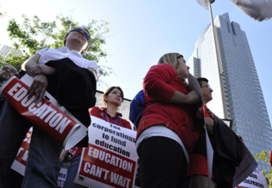 Demonstrators protest LAUSD's proposed budget cuts at a rally at L.A.'s Pershing Square on Friday, May 13, 2011.