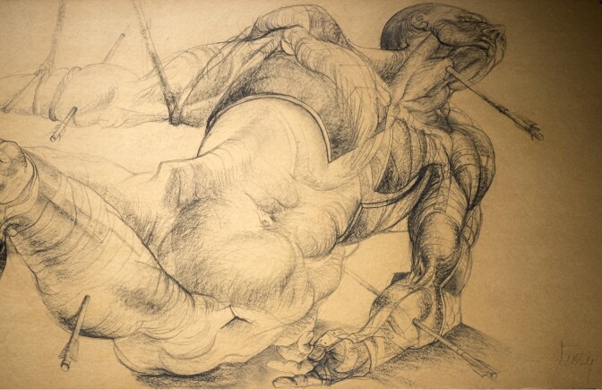 Jan Stussy: Detail, variation on St. Sebastian, 1957, charcoal on composition board, 24 x 60 in., Woodbury University. At "The Human Beast: Art of Maxine Kim Stussy & Jan Stussy," at WUHO (6518 Hollywood Blvd., Los Angeles, CA 90028) through February 9.