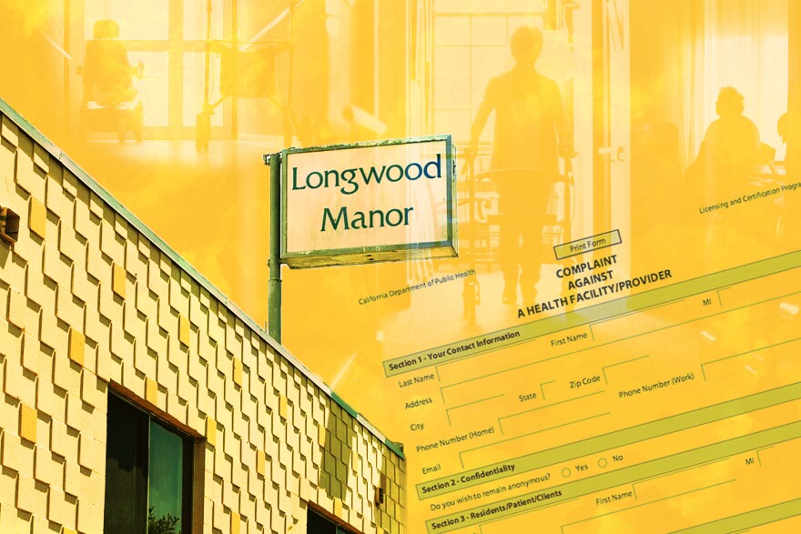 A yellow-tinted photo illustration shows a sign saying "Longwood Manor" erected on top of a building, next to a form used to file complaints against nursing homes.