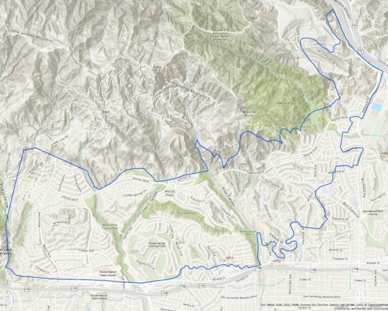 A map showing the bounding area between Porter Ranch and Granada Hills as described in the list of the streets in the story.