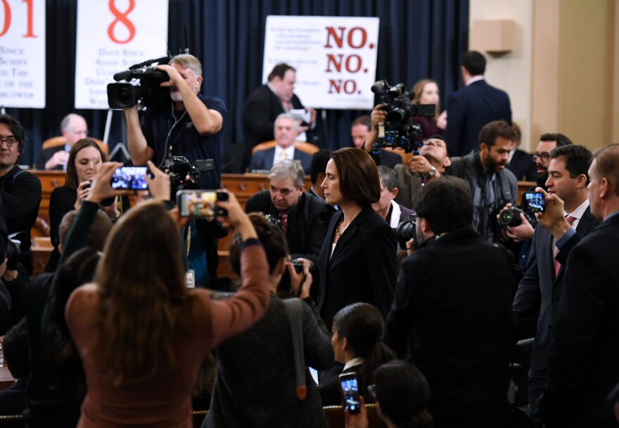 WASHINGTON, DC - NOVEMBER 21: Fiona Hill, the National Security Council’s former senior director for Europe and Russia, arrives to testify before the House Intelligence Committee in the Longworth House Office Building on Capitol Hill November 21, 2019 in Washington, DC. The committee heard testimony during the fifth day of open hearings in the impeachment inquiry against U.S. President Donald Trump, whom House Democrats say held back U.S. military aid for Ukraine while demanding it investigate his political rivals.  (Photo by Matt McClain-Pool/Getty Images)