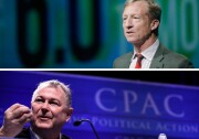 (Above) Tom Steyer introduces a panel during the National Clean Energy Summit 6.0 at the Mandalay Bay Convention Center on August 13, 2013 in Las Vegas, Nevada. (Below) 