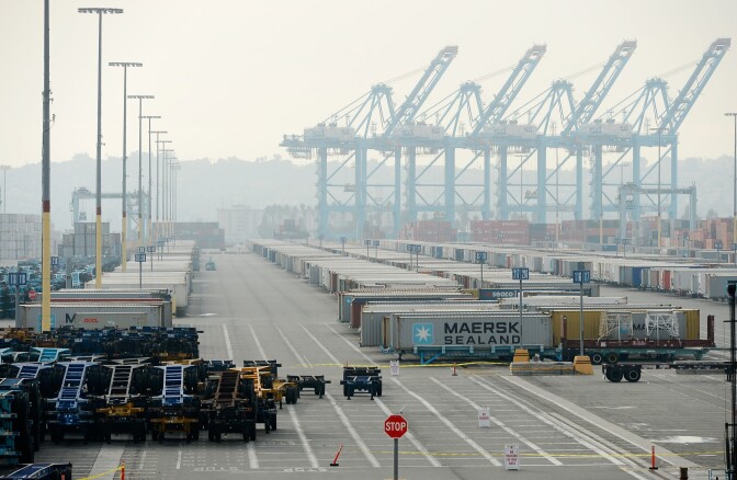 LOS ANGELES, CA - DECEMBER 04:  The Maersk cargo container terminal is idle at Los Angeles harbor as an eight-day strike by International Longshore and Warehouse Unions continues at busiest seaport in the nation on December 4, 2012 in Los Angeles, California. The opposing sides agreed today to meet with a federal mediator in hopes of resolving the labor dispute at the busiest seaport complex in the nation.  (Photo by Kevork Djansezian/Getty Images)