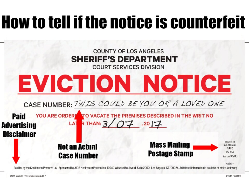 A photo released by the L.A. County Sheriff's Department showing a mailer put out by supporters of Measure S designed to look like an eviction notice, noting the indications that it's not a real eviction notice.
