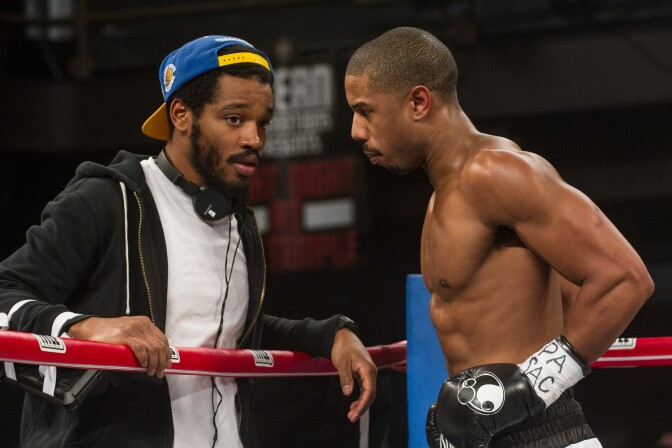 (L-r) Writer/director RYAN COOGLER and MICHAEL B. JORDAN on the set of Metro-Goldwyn-Mayer Pictures', Warner Bros. Pictures' and New Line Cinema's drama "CREED," a Warner Bros. Pictures release.