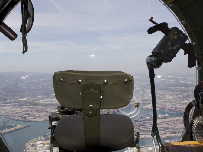 What once served as a window into combat over Europe, the front gun turret now provides a sweeping view of the Port of Los Angeles and Long Beach.
