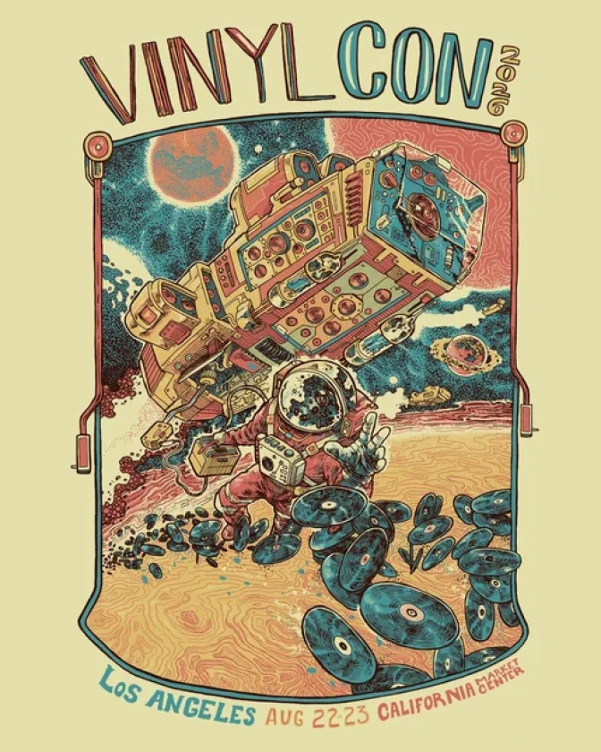 An astronaut carrying a giant boombox walks on a desert planet, scattering vinyl records, on a Vinyl Con poster for Los Angeles.