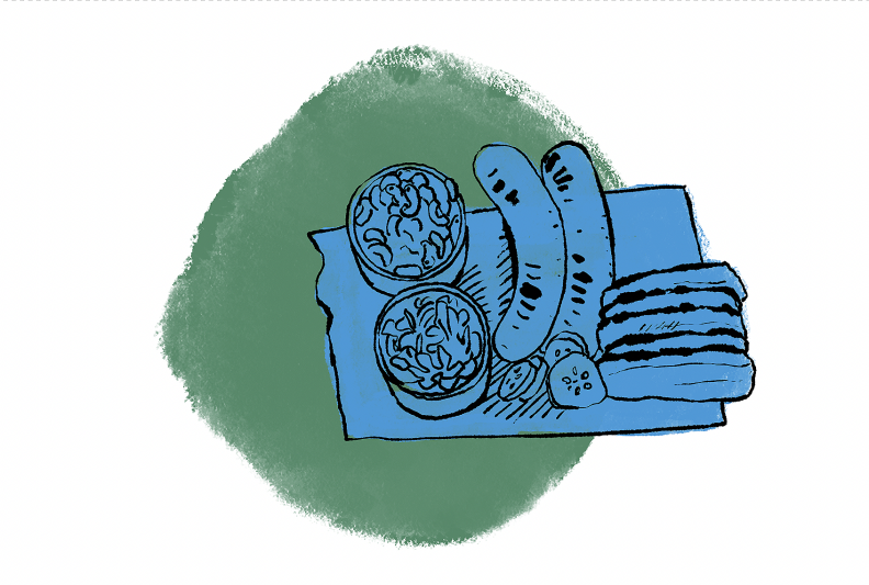 A line drawing of bbq food highlighted in blue with a green background.