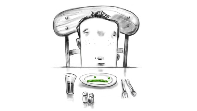 Illustration of a young boy making a face at peas that are arranged like an unhappy face on his plate.