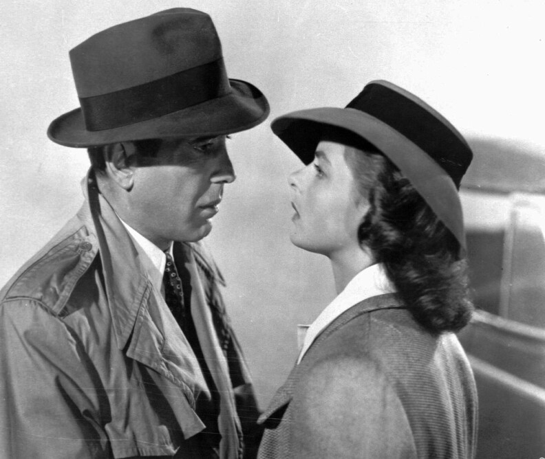 A studio publicity photo of actors Humphrey Bogart and Ingrid Bergman in a scene from the 1943 classic film "Casablanca." 
