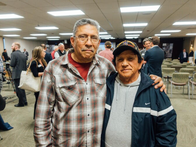 Army veterans Raul Aguiar and Arthur Gonzales both served in Vietnam. They attended a hearing on the Principal Developer search for the West LA VA Campus to voice concerns about the relocation of the PTSD clinic in Building 256 they rely on for care. 