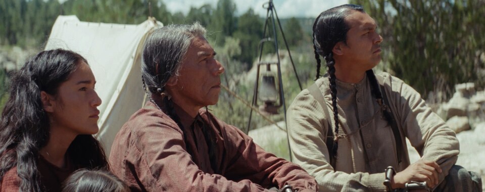 Q'orianka Kilcher, Wes Studi and Adam Beach in "Hostiles."
