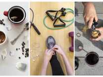 A series of three images from left to right show coffee, a person tying their show and someone opening a beer.