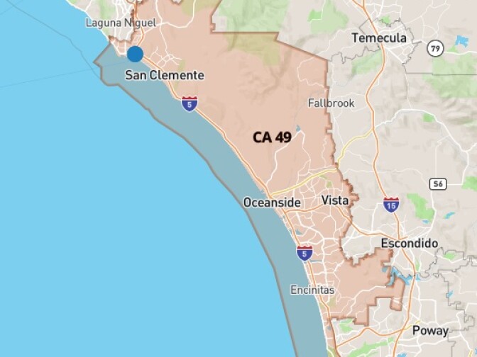 California's 49th congressional district spans coastal areas of San Diego and Orange Counties, from La Jolla to Dana Point.