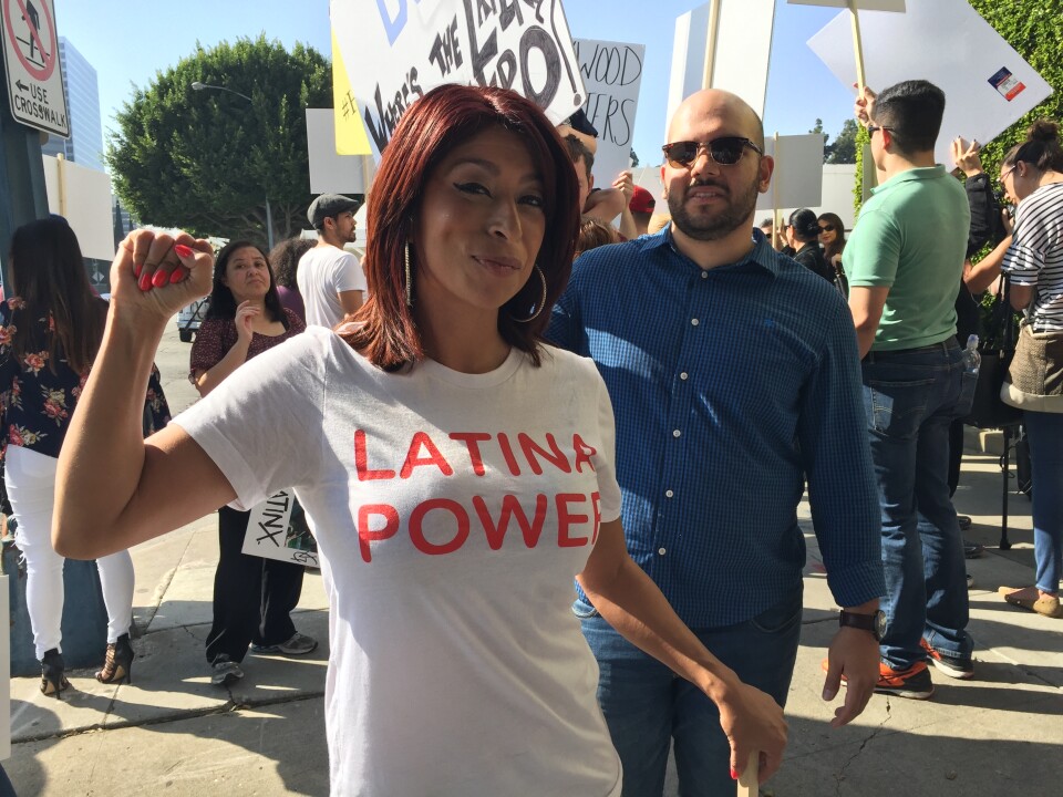 Marissa Herrera was among the 50 protesters calling for more representation for Latinos in Hollywood outside the Beverly Hilton Hotel, where the Academy Awards luncheon was being held.