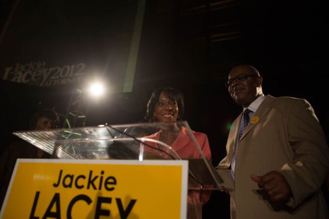 Jackie Lacey speaks to supporters on November 6th, 2012 after winning the Los Angeles District Attorney race.