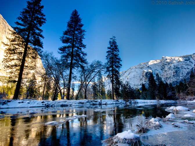 Snow and water in the Sierra Nevada Mountains.