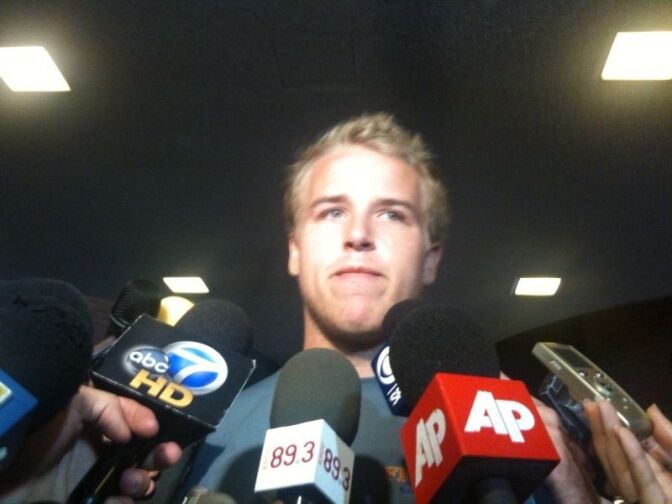 USC football quarterback Matt Barkley talks to reporters about the NCAA sanctions levied against the university's football and basketball programs, June 10, 2010.