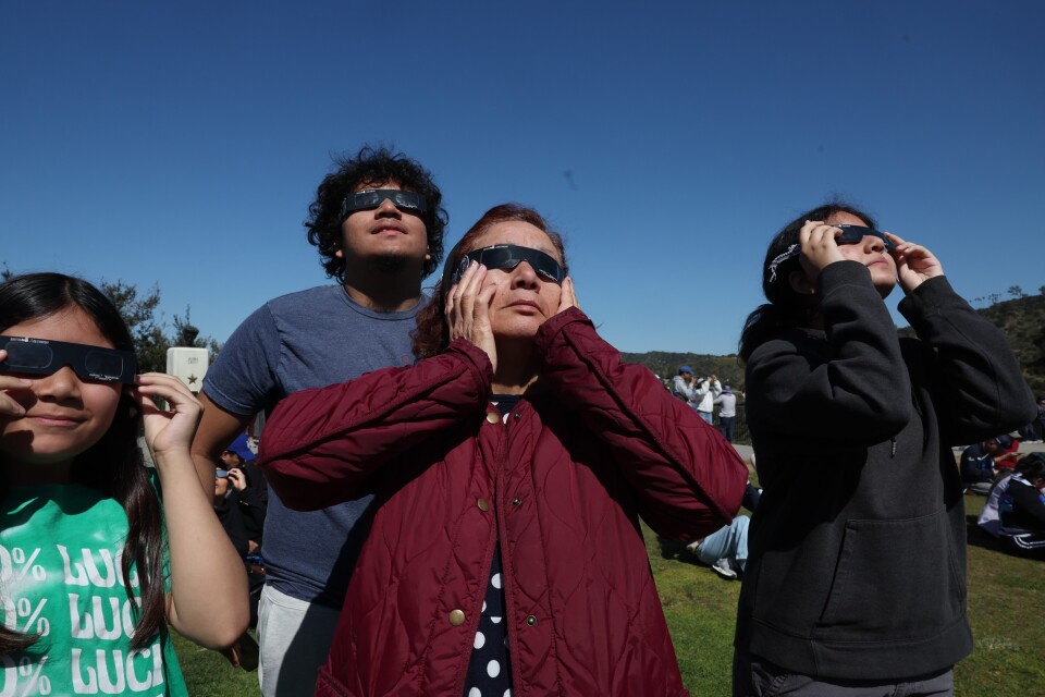 A family stands wearing eclipse glasses and looking up at the sky. 