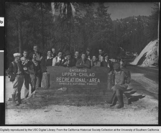 Photograph of the Roamer Hiking Club at Upper Chilao Recreational Area in Angeles National Forest, ca.1930.