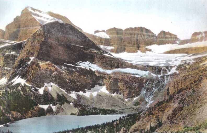 Hand-painted photo of Glacier Park with snow-covered mountains and a lake