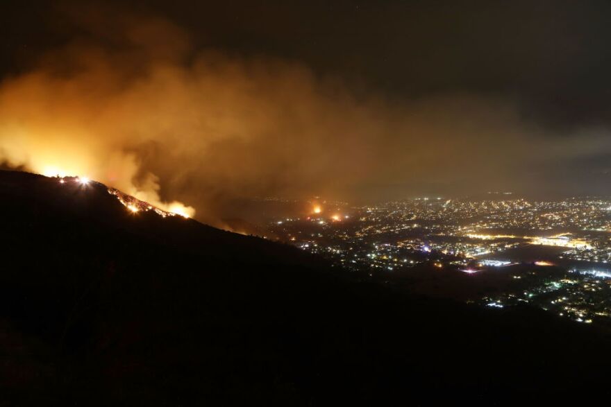 LAKE ELSINORE, CA - AUGUST 10:  The Holy Fire burns on August 10, 2018 near Lake Elsinore, California. The fire continues to grow amidst a heat wave and has now burned 10,236 acres while remaining just five percent contained.  (Photo by Mario Tama/Getty Images)