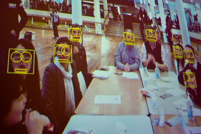 Privacy campaigner Adam Harvey ran CV Dazzle workshops. explaining the algorithms that make up different face recognition systems in popular software he demonstrated how to change your appearance to confuse facial recognition and surveillance systems.