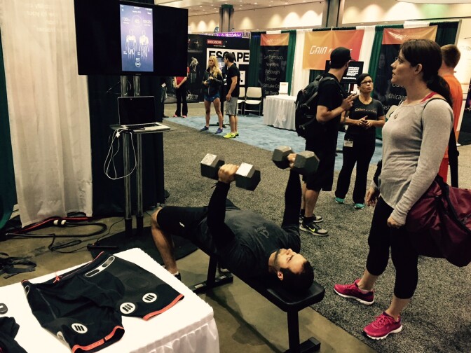 Athos's fitness wear — the robot underpants — at the 2015 Idea World Fitness and Nutrition Expo at the L.A. Convention Center.