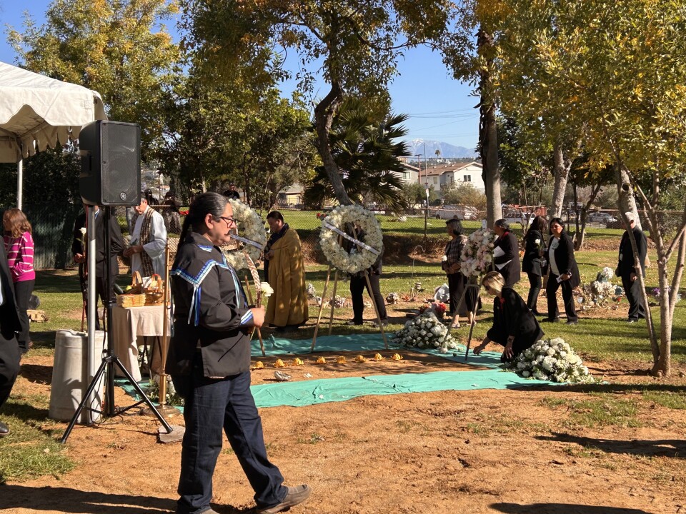A Native American man with a large handlebar mustache is walking in front of a communal grave buried in the dirt behind me. The grave is covered in white roses and flower arrangements. 