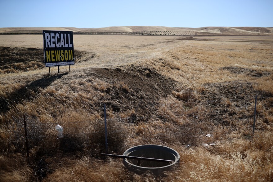 A sign reading: NEWSOM RECALL in block letters sits in a field of brown grass in Central California.
