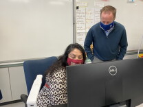 LAUSD Superintendent Austin Beutner (left) drops into John W. Mack Elementary School first grade teacher Leticia Duggan's lesson on Zoom on April 12, 2021 — one day before Duggan's students are set to return to school. 