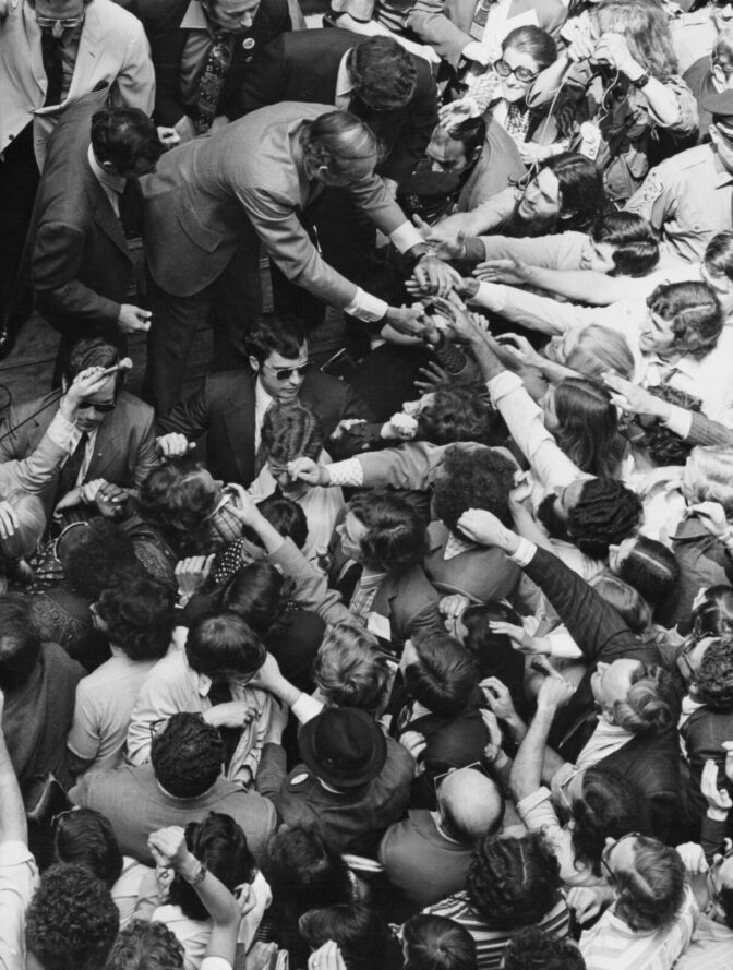 US Democratic politician George McGovern (1922-2012) gets an enthusiastic welcome from his supporters during his election tour on the day of the New York State Primary, 20th June 1972.