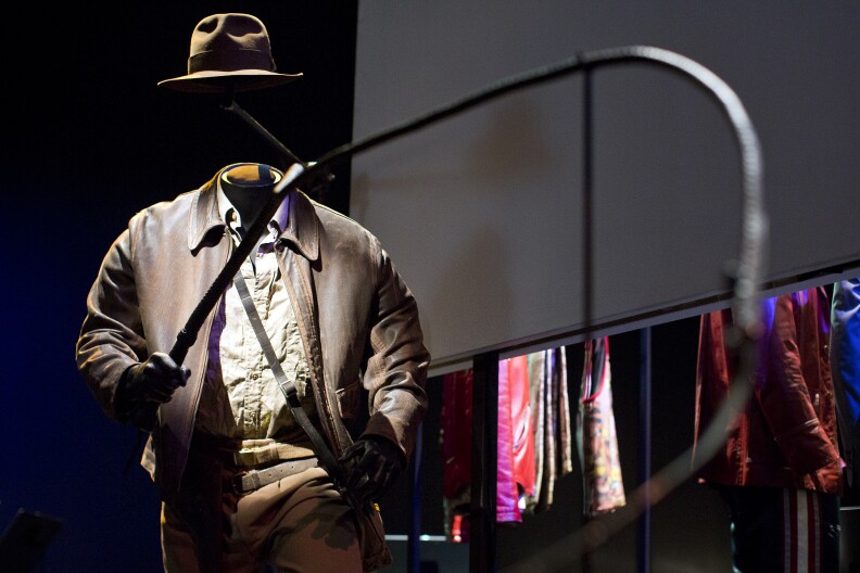 When production of "Indiana Jones" first started, Steven Spielberg drew a stick figure of the character with a hat, jacket and bandolier of bullets. When the costume was finished, Spielberg said it was exactly what he had imagined. The costume is on view inside the Academy of Motion Picture Arts and Sciences' Hollywood Costume exhibition at the Wilshire May Company Building.