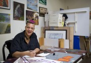 Mykael Williams-Wolf, 32, takes part in studio hours inside LAMP Community's art studio in Skid Row on Wednesday, April 22, 2015. After being homeless for three years, Williams-Wolf has a place to live.