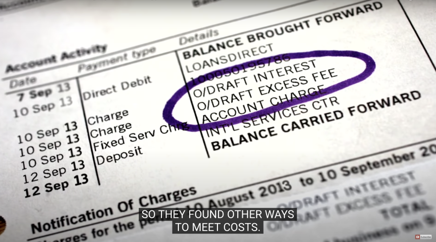 Copy of a bill from September 2013 has the draft interest, draft excess fee and account charges circled in purple ink.