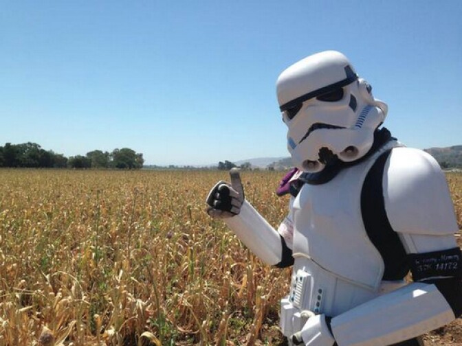 Kevin Doyle, dressed as a Storm Trooper, poses for a picture in Santa Cruz during his 501 Mile Walk in June 2015.