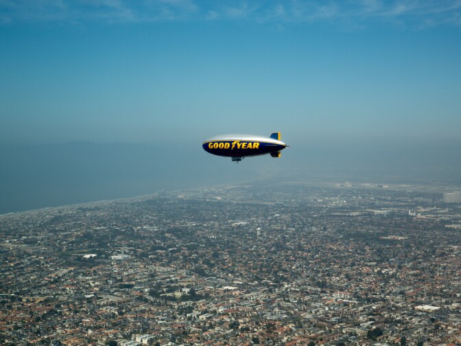 The Goodyear blimp floats over Los Angeles on March 21st, 2013.