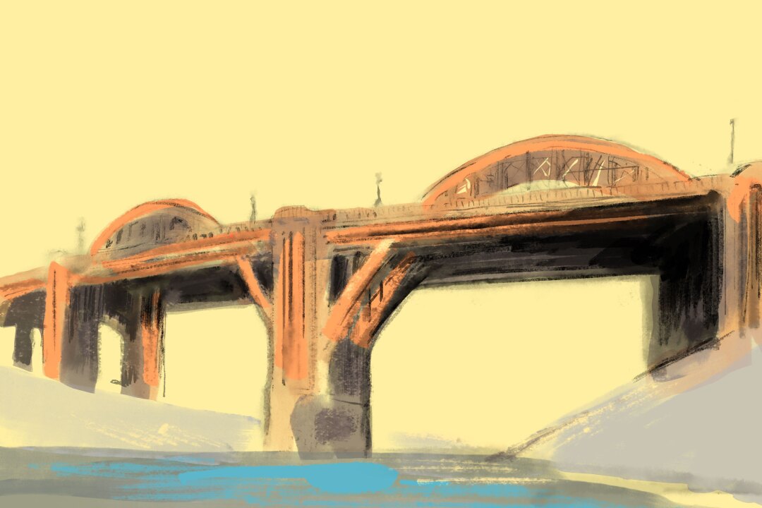An illustration of the L.A. River and the old 6th Street Viaduct.