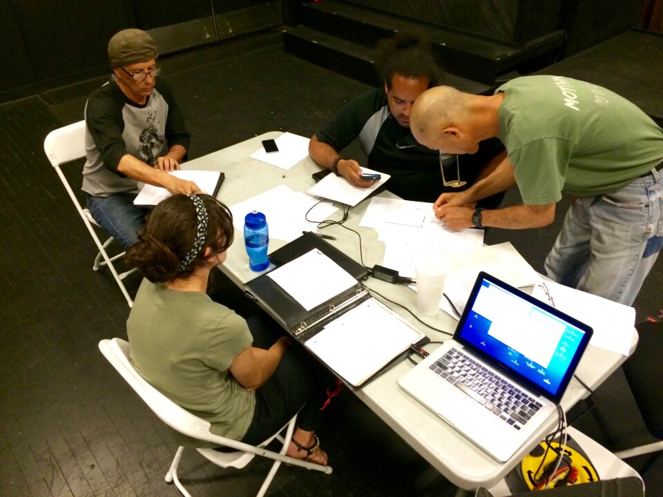 A production meeting at CASA0101 Theater in Boyle Heights. Performer Ruben Guevara grew up in a nearby neighborhood.  