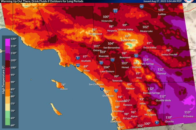 Deep reds and purples overlaid on a map of Southern California indicate high temperatures across the region
