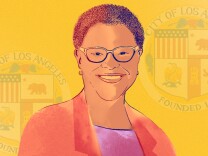 An illustrated headshot of incoming L.A. mayor Karen Bass. She is wearing a red blazer and glasses. Behind yet is a yellow background with an illustrated version of the L.A. city seal.