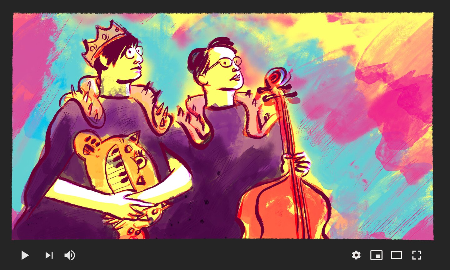 A watercolor painting of two people, the Double-clicks. One wears a crown and holds a children's cat-shaped keyboard, while the other holds a cello. The background is a mix of colors — blue, pink, yellow.
