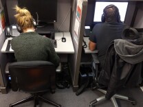 Two counselors take calls at The Trevor Project, the West Hollywood-based organization that takes crisis calls, texts and chats from LGBT youths.