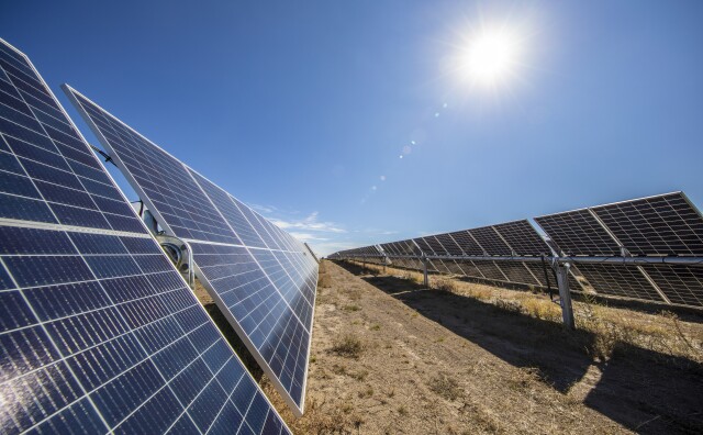 Rows of solar panels sit under a bright sun.