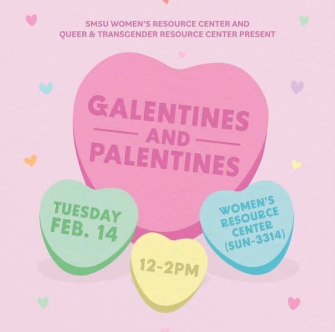 Multi colored hearts of different sizes advertise Galentine and Valentine's Day event.