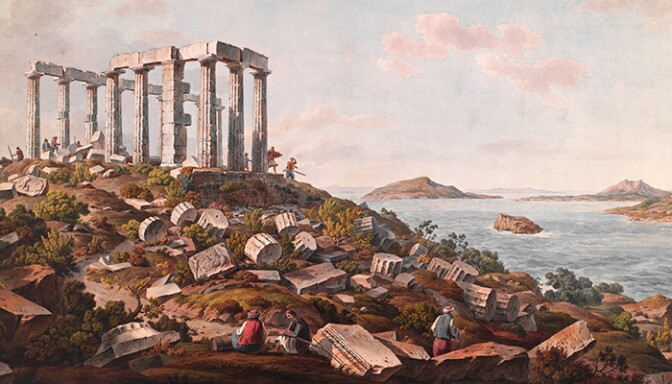 Temple of Poseidon, Sounion (detail), after 1805. Simone Pomardi (Italian, 1757–1830). Watercolor. 