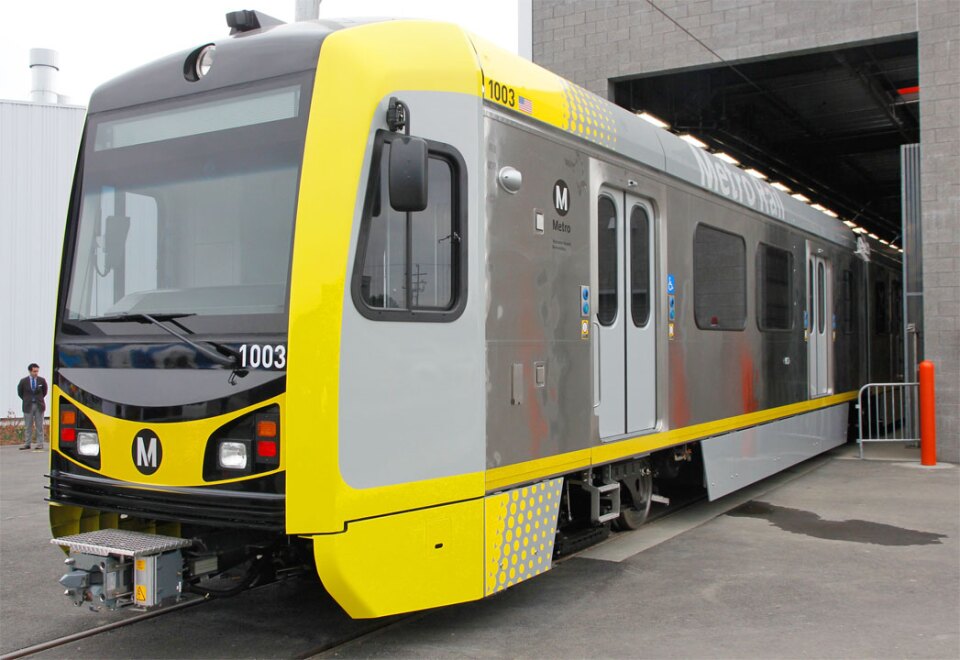 File: A Gold Line train car at Metro's Monrovia rail yard.