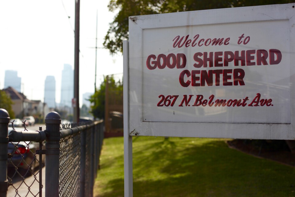 Welcome sign for Good Shepherd Center in Angeleno Heights, CA